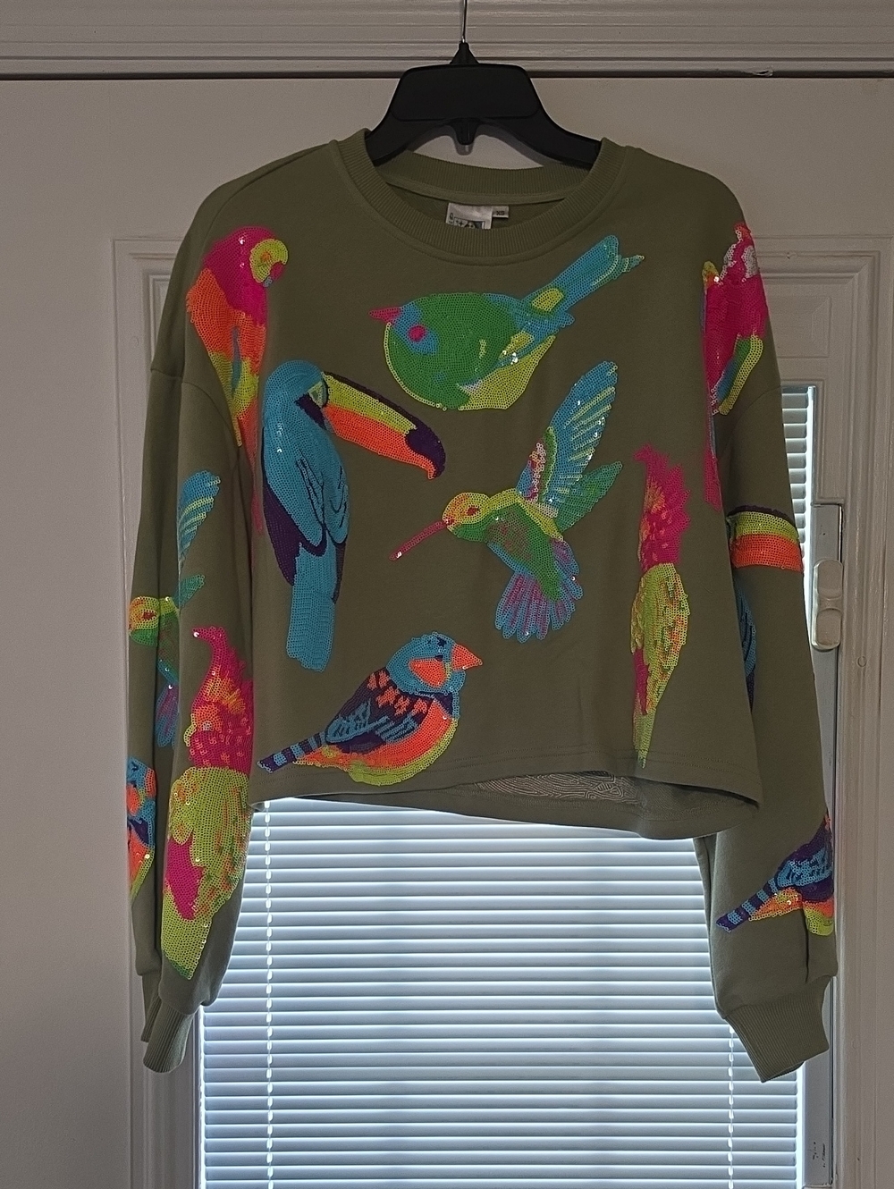QUEEN OF SPARKLES Olive Green Cropped Crewneck Sweater with Neon Bird Motif